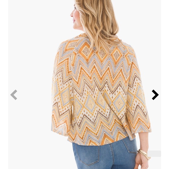Chicos Sweater Sz 2 Medium Zigzag Ikat Melinda Pullover Linen Blend Lightweight - Picture 9 of 11
